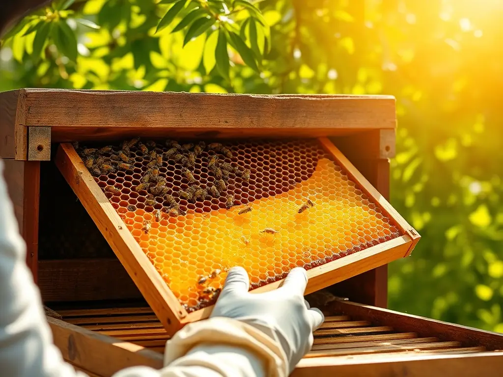 A close-up shot of a beekeeper's gloved hand carefully inspecting a premium bee hive frame, highlighting the quality of the wood and the precision of the construction.