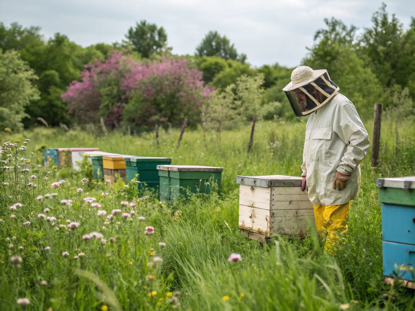 A beekeeper wearing a premium beekeeping suit, demonstrating its full-body protection and comfortable design during a hive inspection.